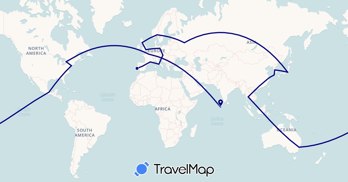 TravelMap itinerary: driving in Austria, Australia, Canada, China, Germany, Spain, France, United Kingdom, Italy, Japan, South Korea, Maldives, Mexico, Norway, Portugal, Russia, Sweden, Thailand, United States (Asia, Europe, North America, Oceania)